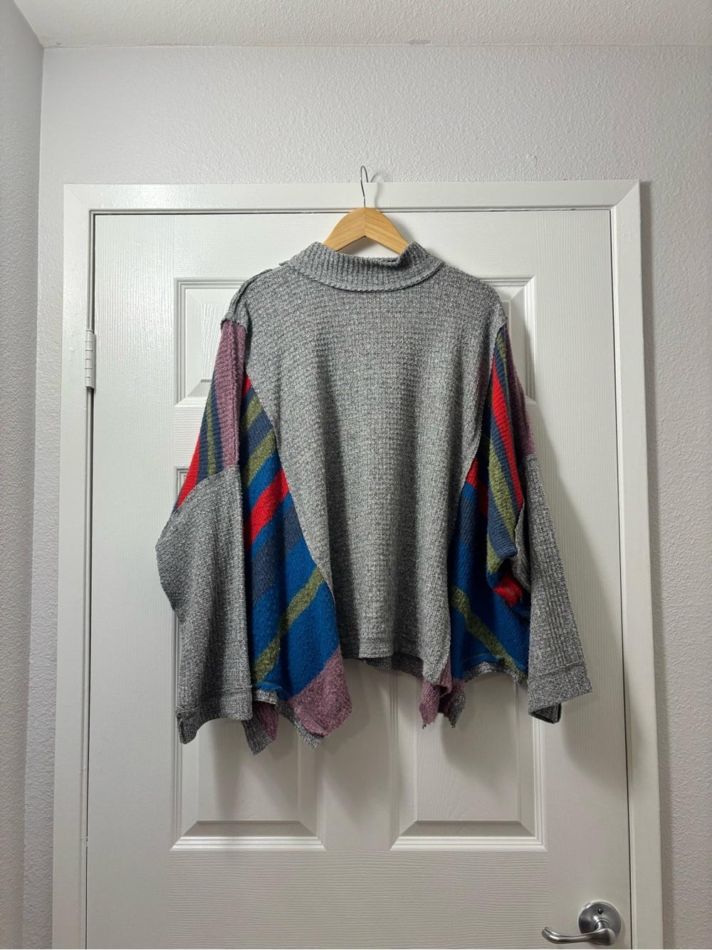 We The Free Gray Sweater with Multicolor Striped Sleeve Panels